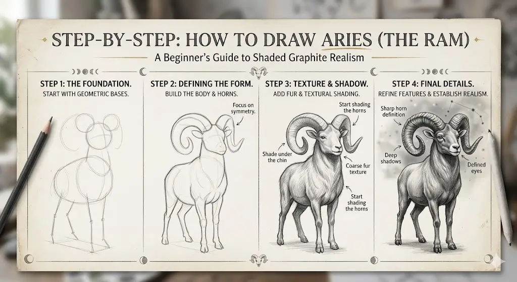 a step-by-step how to draw: dark zodiac drawing ideas for aries
