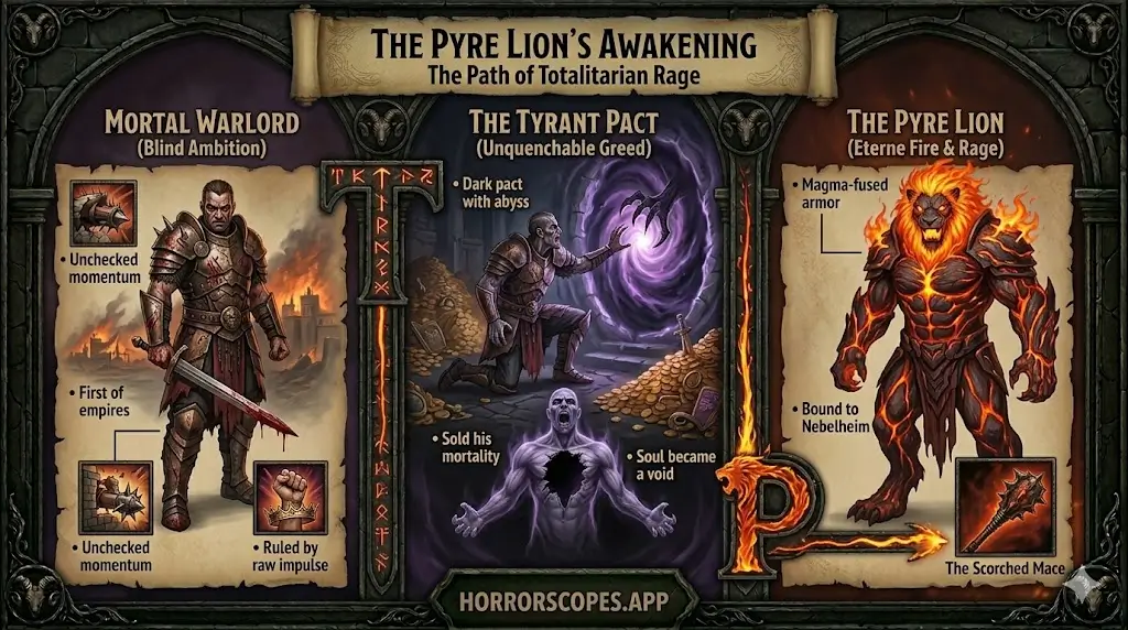 dark lore of the black zodiac - Aries the pyre lion infographic showing the descent