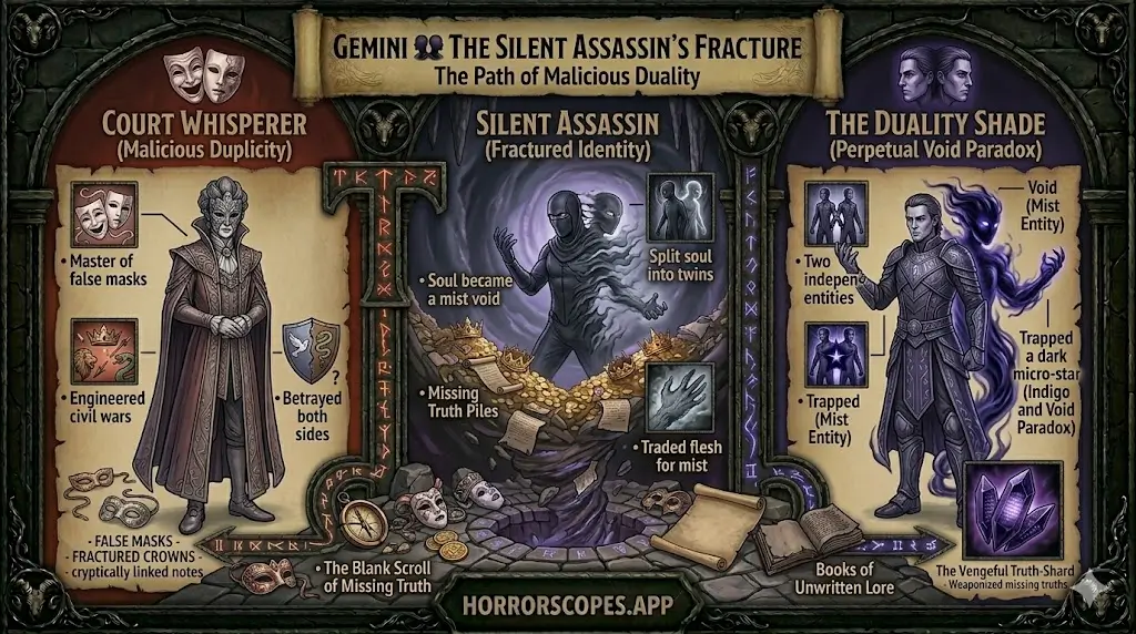 dark lore of the black zodiac - gemini infograohic show the descent