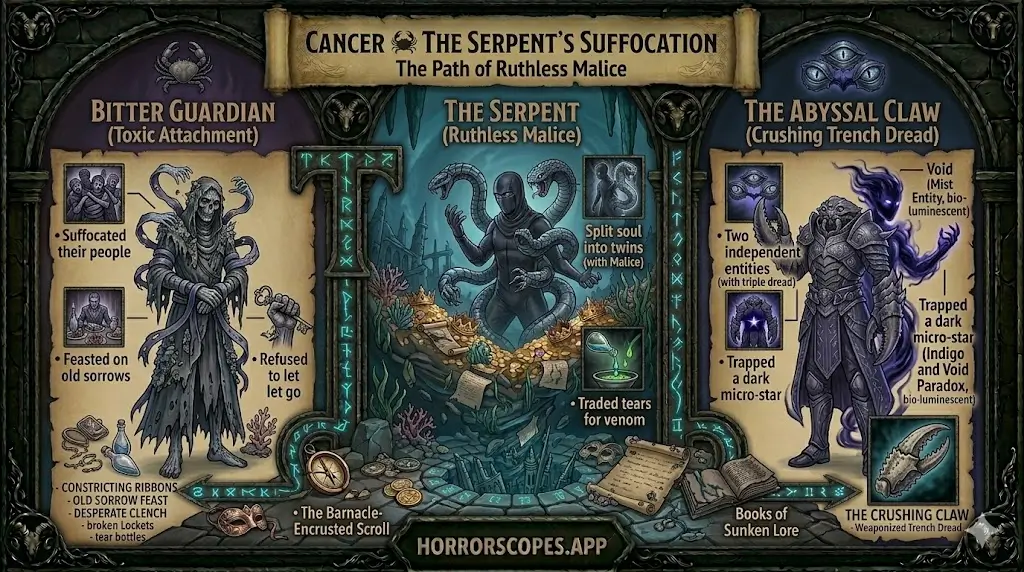 dark lore of the black zodiac - cancer infographic showing the descent