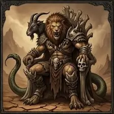 dark lore of the black zodiac showing Leo the chimera chieftain seated on a throne