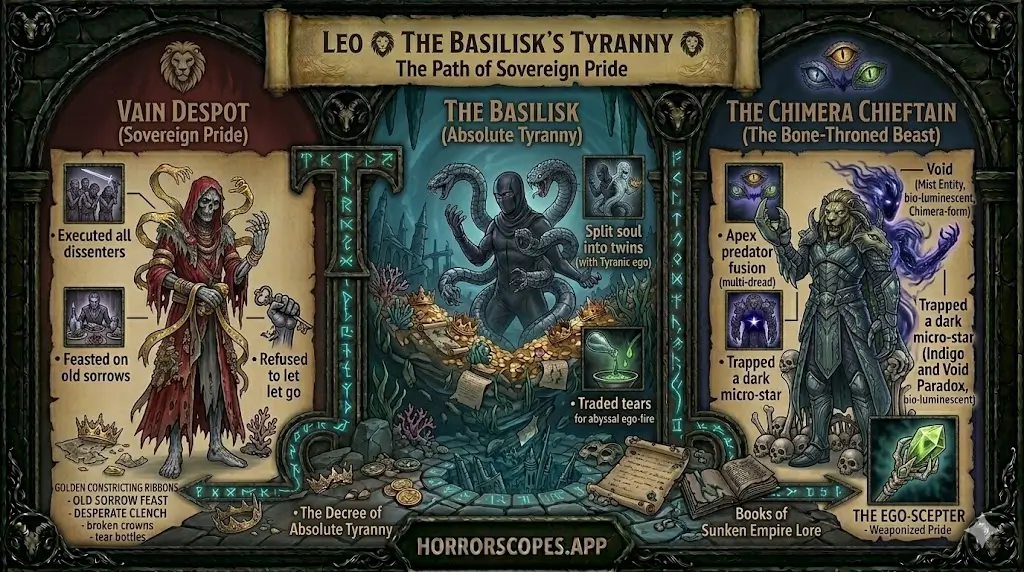 dark lore of the black zodiac for leo infographic showing the descent