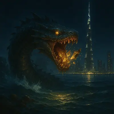 capricorn: A sea beast emerging from Dubai’s glittering waters, its jaws clutching shattered gold.