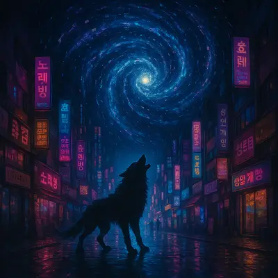 Aquarius - A wild vortex of stars over Seoul’s neon streets, a lone beast howling within.