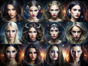 Shadowy dark feminine figures in moonlight with occult symbols and serpents.