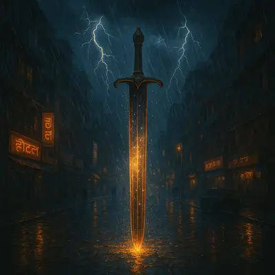 A glowing sword piercing a monsoon-soaked Mumbai street, its blade reflecting stars.