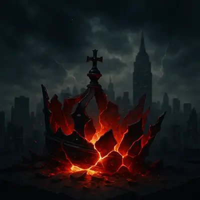 A shattered crown glowing red against a stormy Manhattan skyline, symbolizing The Tyrant’s chaotic reign for 2025 Retrogrades Black Zodiac Traits