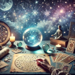 Mystical symbols, signs, and constellations in soft dark gradients and spark textures. Colourful image for astrology aesthetics