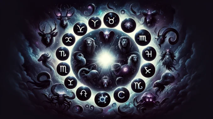 all the signs of the dark zodiac in a circle for the may horrorscopes