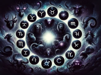 Stylized tarot illustration of all 12 zodiac signs reimagined with dark archetypes and glowing symbols.