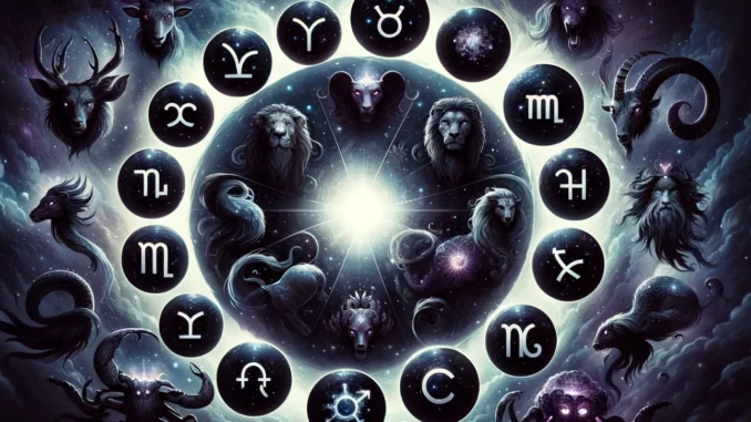 Dark Zodiac Stylized tarot illustration of all 12 zodiac signs reimagined with dark archetypes and glowing symbols.
