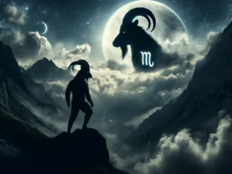 Capricorn - Dreams Clouded Under a Fickle Moon". The scene captures the somber and atmospheric setting, featuring a mountain goat under a changeable, cloud-covered moon, embodying Capricorn's challenge of navigating uncertainty.