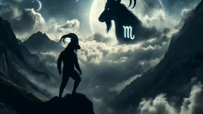 Capricorn - Dreams Clouded Under a Fickle Moon". The scene captures the somber and atmospheric setting, featuring a mountain goat under a changeable, cloud-covered moon, embodying Capricorn's challenge of navigating uncertainty.