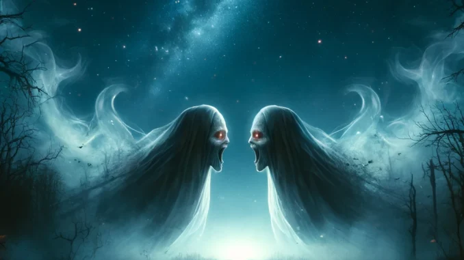 "HorrorScopes Presents: Gemini - Whispers of the Twins". The scene captures the eerie and surreal theme, featuring the ethereal Gemini twins.