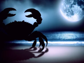 Cancer - Claws Unsheathed Under the Waning Moon". The scene captures the mysterious and emotionally charged atmosphere, featuring a mythical crab on a somber beach under a waning moon's woes.