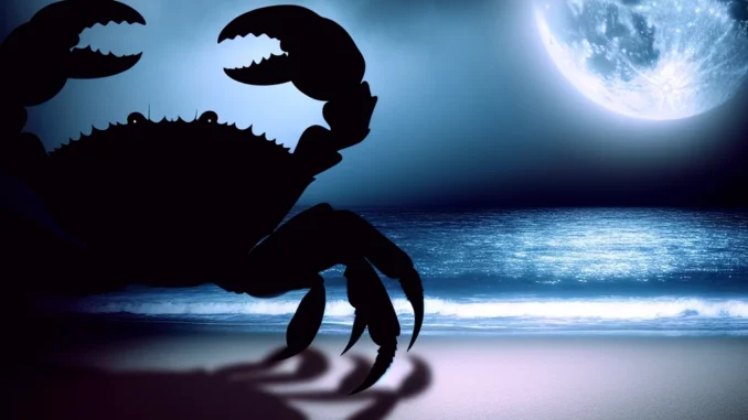 Cancer - Claws Unsheathed Under the Waning Moon". The scene captures the mysterious and emotionally charged atmosphere, featuring a mythical crab on a somber beach under a waning moon's woes.