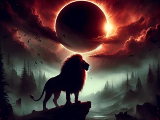 Lions Eclipse. The scene captures the dramatic and intense atmosphere, with a powerful lion silhouetted against a dark, ominous eclipse.