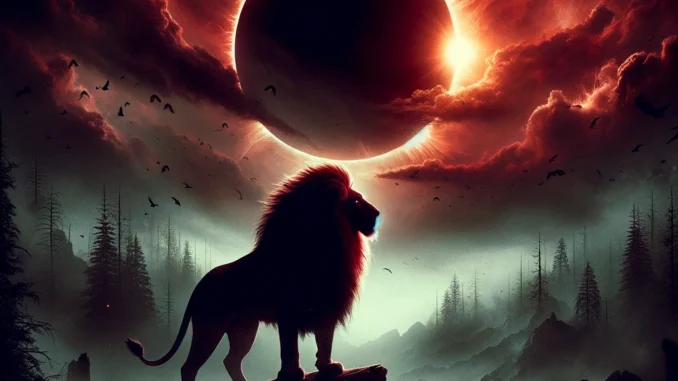 Lions Eclipse. The scene captures the dramatic and intense atmosphere, with a powerful lion silhouetted against a dark, ominous eclipse.