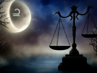 Libra - The Scales Unbalanced Under a Waning Moon". The scene captures the captivating and slightly ominous atmosphere, featuring a mystical night with unbalanced scales under a waning crescent moon.