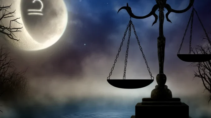 Libra - The Scales Unbalanced Under a Waning Moon". The scene captures the captivating and slightly ominous atmosphere, featuring a mystical night with unbalanced scales under a waning crescent moon.