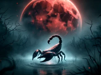 Scorpio - Secrets Revealed Under a Blood Moon". The scene captures the mystical and eerie atmosphere, featuring a large, ethereal scorpion emerging from dark waters under a blood moon.