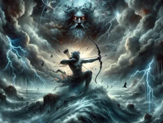 Sagittarius - The Archer's Aim Tested Under a Chaotic Sky". The scene captures the dynamic and atmospheric setting, featuring Sagittarius, the Archer, aiming into a stormy, tumultuous sky.