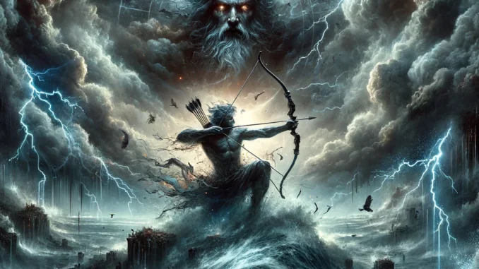 Sagittarius - The Archer's Aim Tested Under a Chaotic Sky". The scene captures the dynamic and atmospheric setting, featuring Sagittarius, the Archer, aiming into a stormy, tumultuous sky.