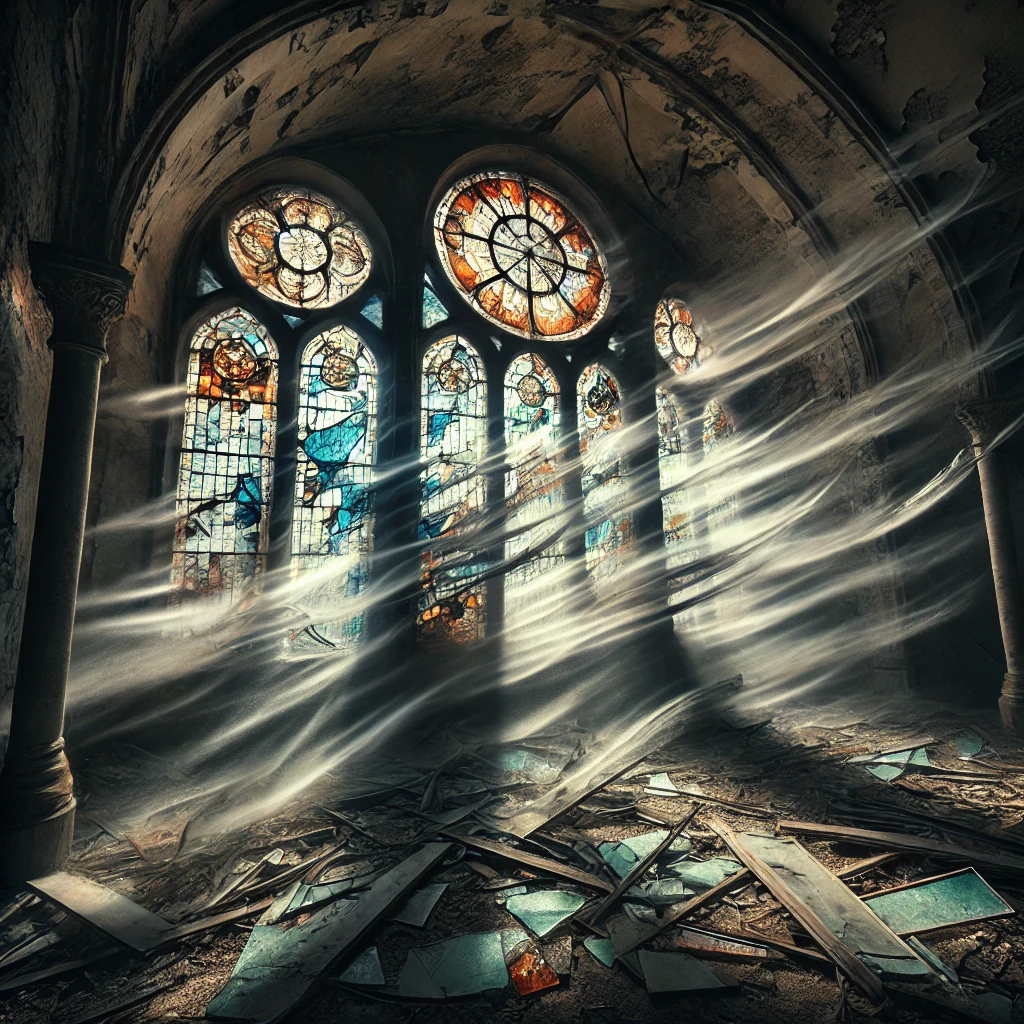 illustrated horror stories - wind whistling through the broken stained glass windows