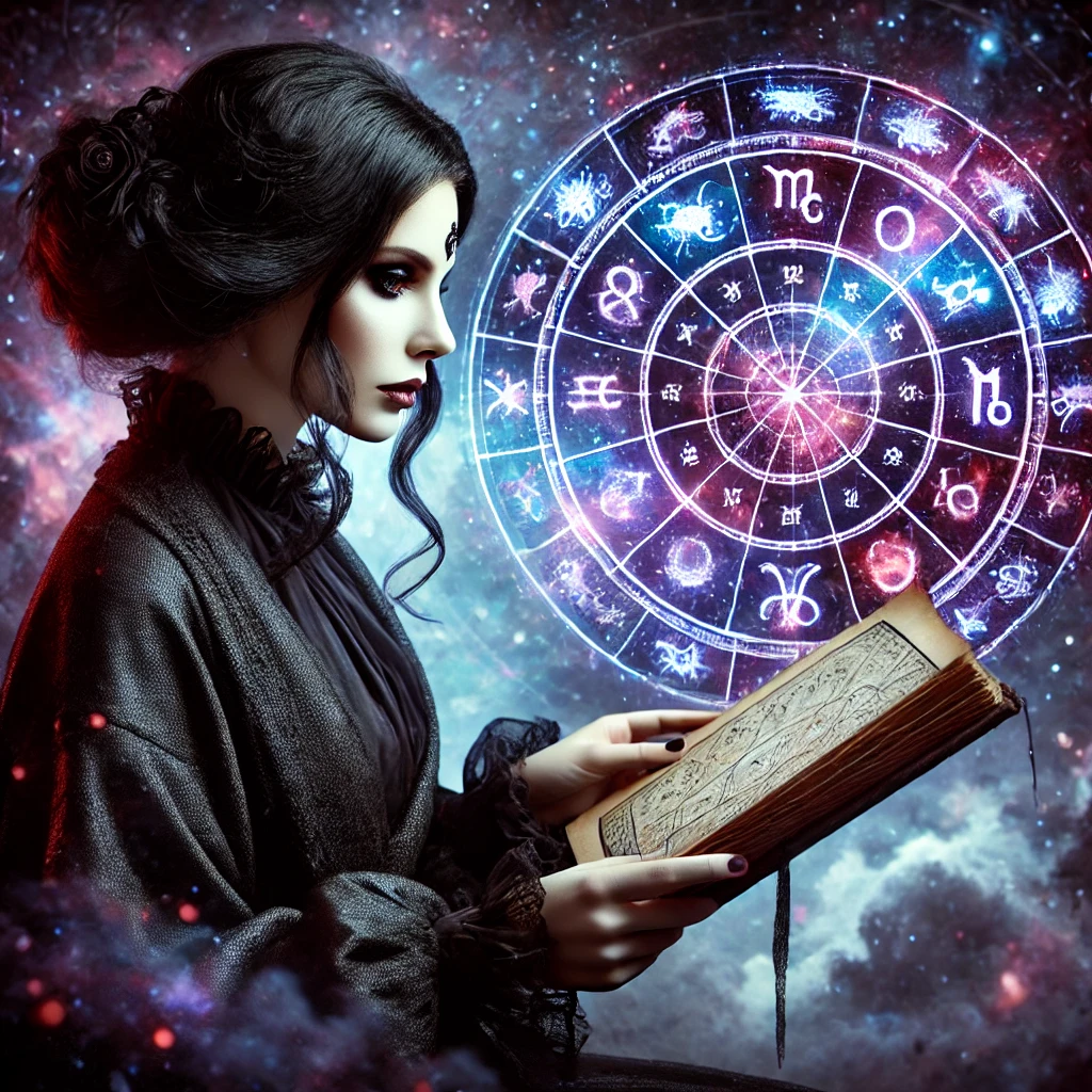 female reading a dark zodiac birth chart