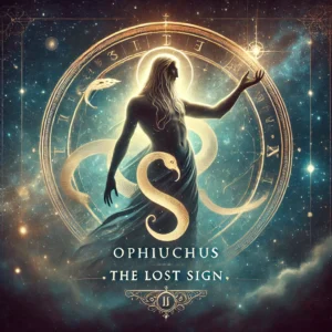 A mysterious serpent-wrapped figure with celestial patterns behind it, glowing faintly under a cosmic sky. The symbol of Ophiuchus rises above - half-forgotten, half-divine - framed in deep purples, golds, and shadow.