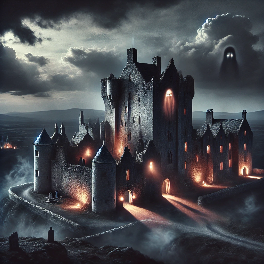 "Leap Castle at night, its stone walls and bloody history cloaked in eerie mist. An ancient Irish castle known as one of the world’s most terrifying haunted places."