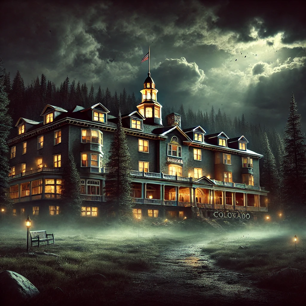 "The Stanley Hotel at night, illuminated with an eerie glow under dark clouds."
"One of the most haunted places in Colorado, shrouded in ghostly mist and mystery."