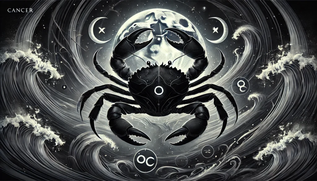 
"An intense and mystical illustration representing Cancer in the Dark Zodiac. The image features a shadowy black crab with glowing silver eyes and jagged, sharp claws, surrounded by an eerie, moonlit ocean. Swirling silver and black hues evoke themes of emotional depth, resilience, and haunting nostalgia. Subtle lunar symbols and water motifs enhance the connection to Cancer's intuitive and protective nature. The aesthetic is haunting, melancholic, and powerful, reflecting the archetype of 'The War Maiden."