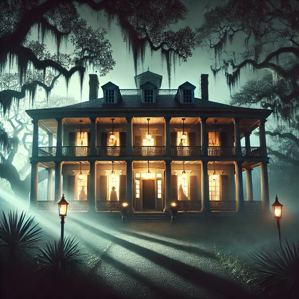 "The Myrtles Plantation at night, with dim lanterns and ghostly shadows on the porch."
"A historic Louisiana home known for its tragic past and eerie atmosphere."