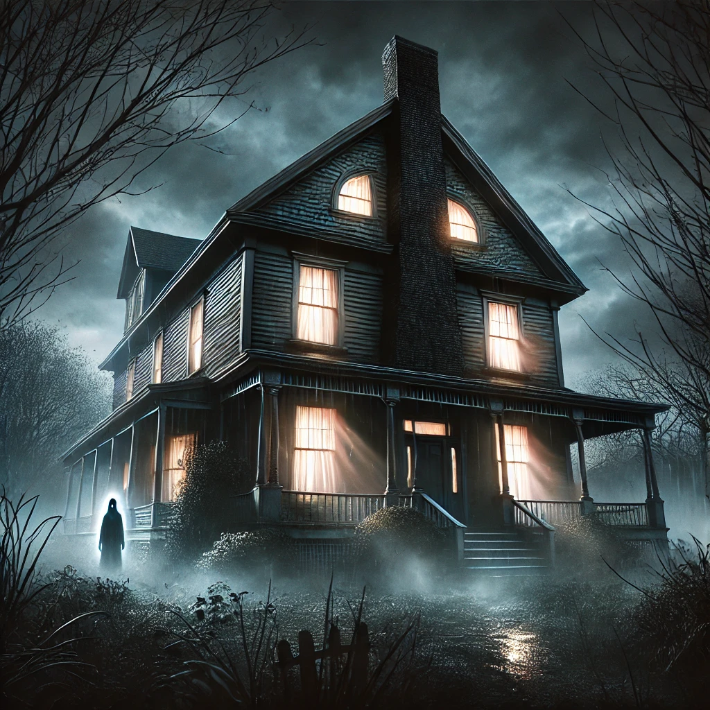 "The Amityville House at night, with glowing windows and foreboding shadows. A legendary home in New York, infamous for its creepy and paranormal past."