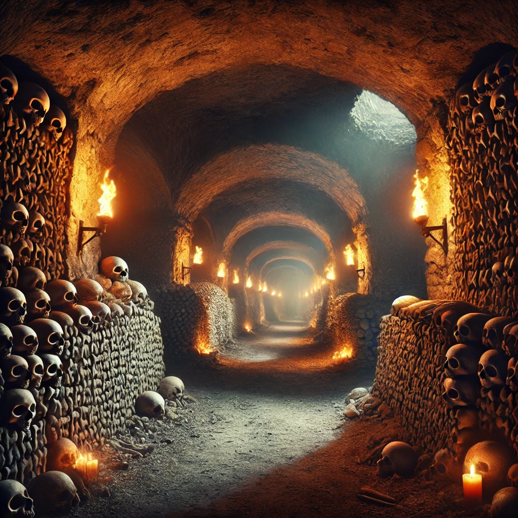 "The Paris Catacombs at night, with neatly stacked bones lit by flickering torches."
"One of the world’s most hauntingly beautiful creepy locations, hidden beneath Paris."