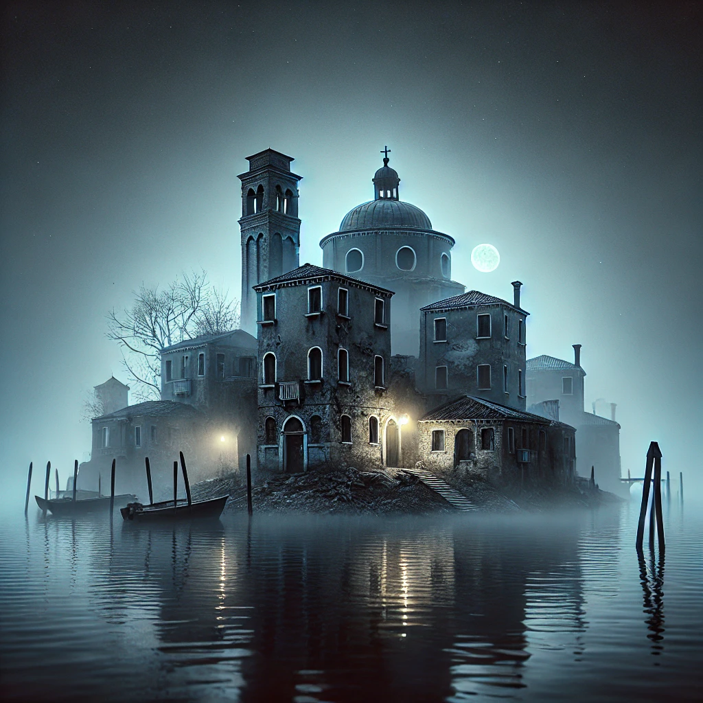 "Poveglia Island’s abandoned buildings under moonlight, with mist and eerie waters."
"A hauntingly serene location in Italy, shrouded in ghostly mystery."