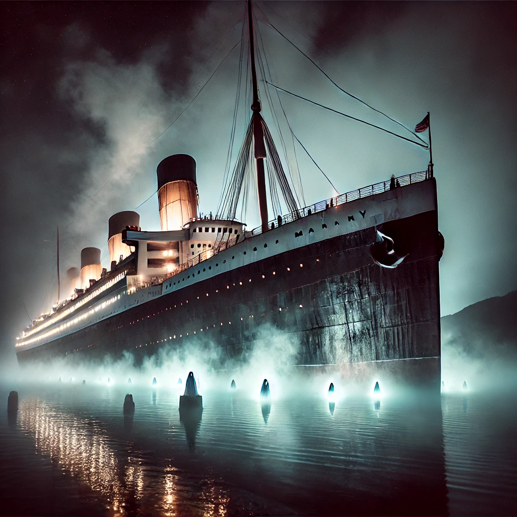 "The Ghost Ship Queen Mary at night, surrounded by mist and glowing faintly on the water. A majestic ocean liner turned creepy location, renowned for its ghostly legends."