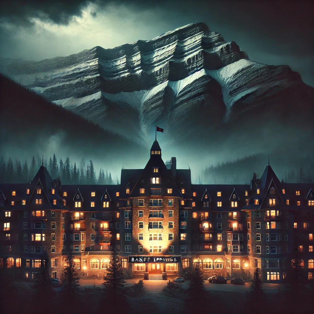 "Banff Springs Hotel lit up at night, surrounded by ghostly mist and dark mountains. A luxurious Canadian retreat known for its haunted places and spooky tales."