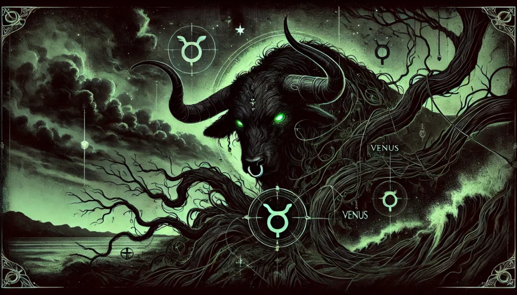 "A dark and atmospheric illustration representing Taurus in the Dark Zodiac. The central figure is a powerful black bull with glowing green eyes, surrounded by shadowy vines and earthy textures. The background features a stormy landscape in shades of green and black, emphasizing the themes of indulgence and possessiveness. Subtle Venus symbols and earthy motifs are integrated, enhancing the haunting and dramatic aesthetic of 'The Fallen Demon.'"