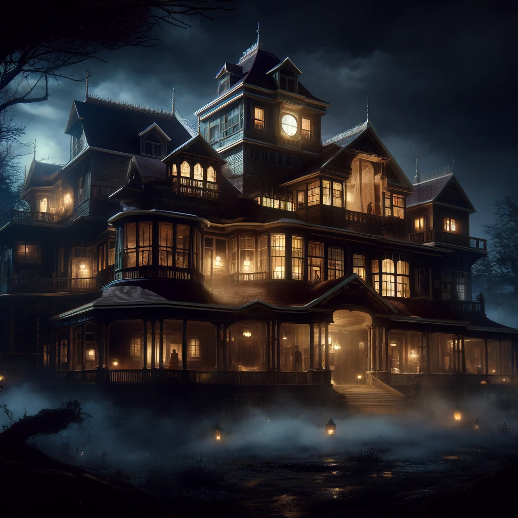 "The ornate Winchester Mystery House at night, surrounded by mist and flickering lights."
"A labyrinthine mansion renowned for its haunted places and mysterious hallways."