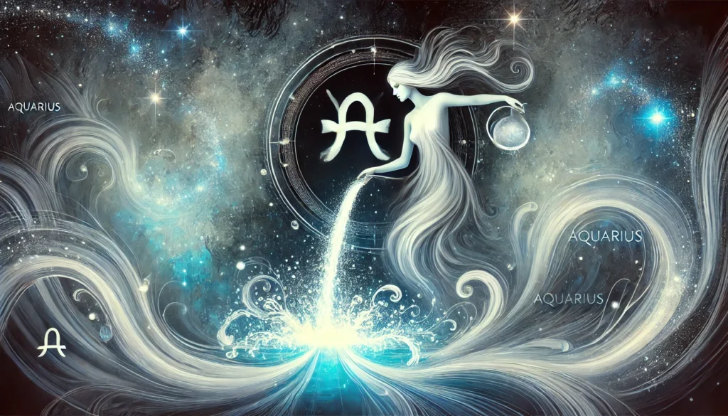 "A minimalistic and artistic representation of Aquarius in astrology. The image features a small water bearer pouring a glowing stream of water into a circular celestial pool, set against a soft blue and black background with subtle starry accents and flowing air motifs. Subtle Uranus symbols and Aquarius’ glyph are incorporated, emphasizing themes of innovation, intellect, and connection. "