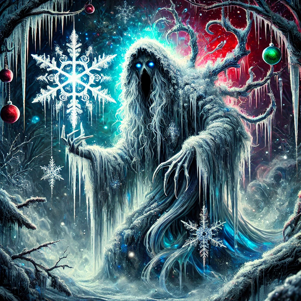 Aquarius – The Frostbitten Visionary. It features a spectral water bearer with flowing, frost-like robes made of mist and ice shards. They hold an enchanted, glowing snowflake that drips frost, but no water ever pools below. Their hollow blue-glowing eyes add to the eerie, otherworldly feel. The foggy, snow-drenched forest with twisted, icicle-covered branches and a red-green glow completes the chilling, magical holiday aesthetic. 