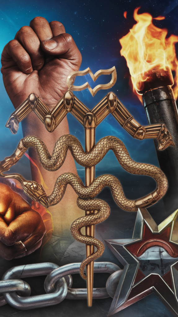 An artistic representation symbolizing Aquarius with a clenched fist, a staff with snakes, flames, and chains, illustrating themes of rebellion and transformation.