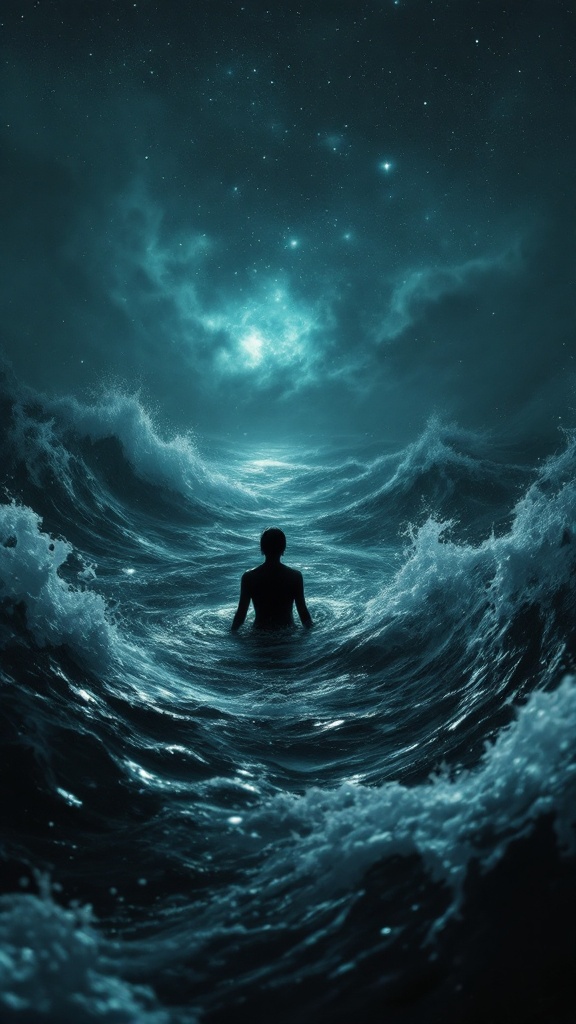 A person standing in turbulent waves under a starry night sky from horoscope weekly