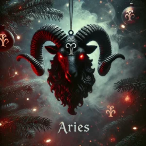 Aries-themed dark zodiac image, blending festive and ominous tones. 