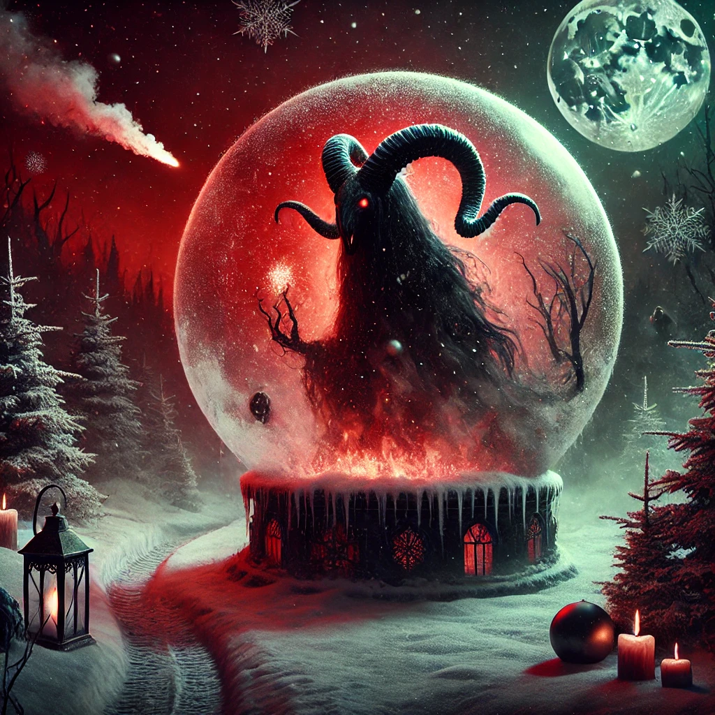 The Revenant Ram from the Creepy Christmas Horrorscopes. It features a shadowy, ghostly ram with twisted horns and a fiery red glow, set in a foggy, snow-dusted forest. The cursed snow globe floats ominously in the background, swirling with haunting scenes.