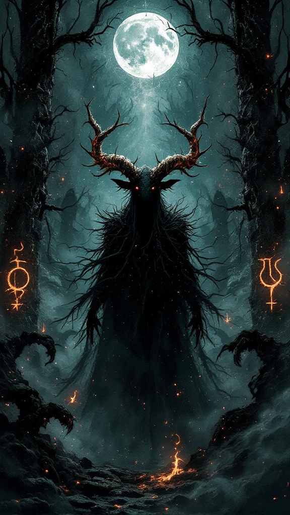 A dark, mystical figure with antlers stands in a shadowy forest under a full moon.