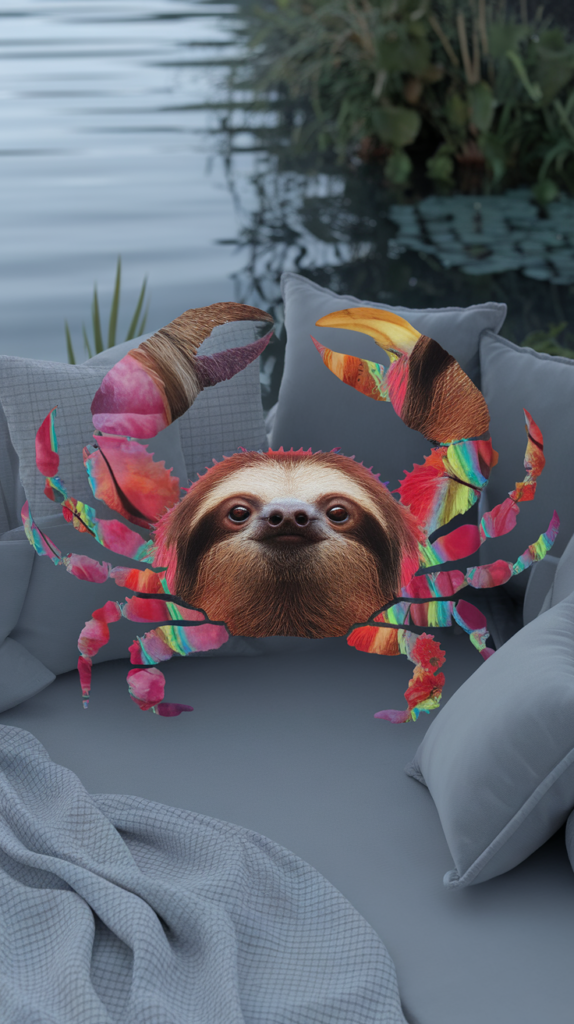 A colorful artistic representation combining a sloth's face with a crab's claws, set on a cozy couch. SLOTH -  One of 7 deadly sins.