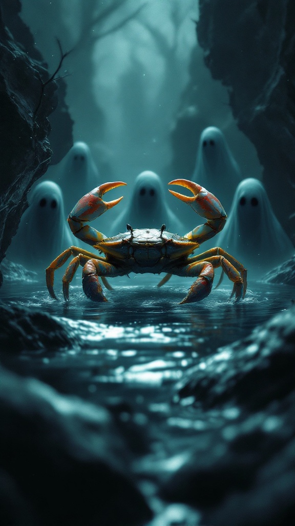 A crab in the foreground with ghostly figures in the background.